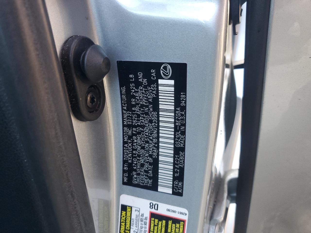 2022 LEXUS ES 350 BASE VIN:58AFZ1B18NU123996