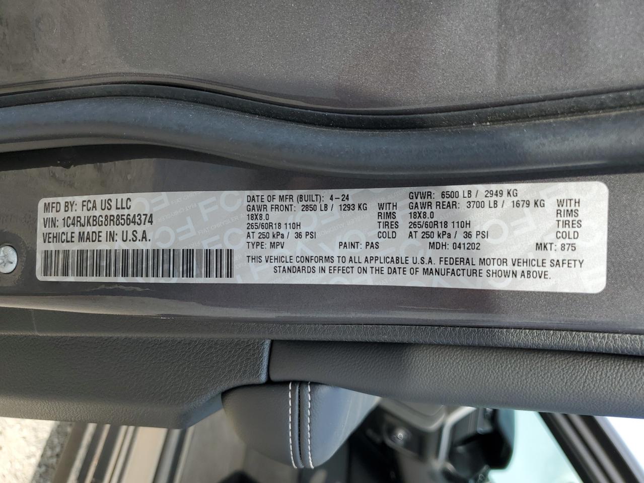 2024 JEEP GRAND CHEROKEE L LIMITED VIN:1C4RJKBG8R8564374