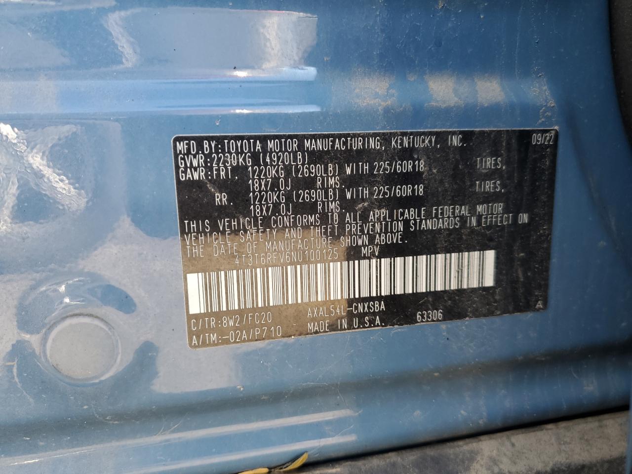 2022 TOYOTA RAV4 SE VIN:4T3T6RFV6NU100125