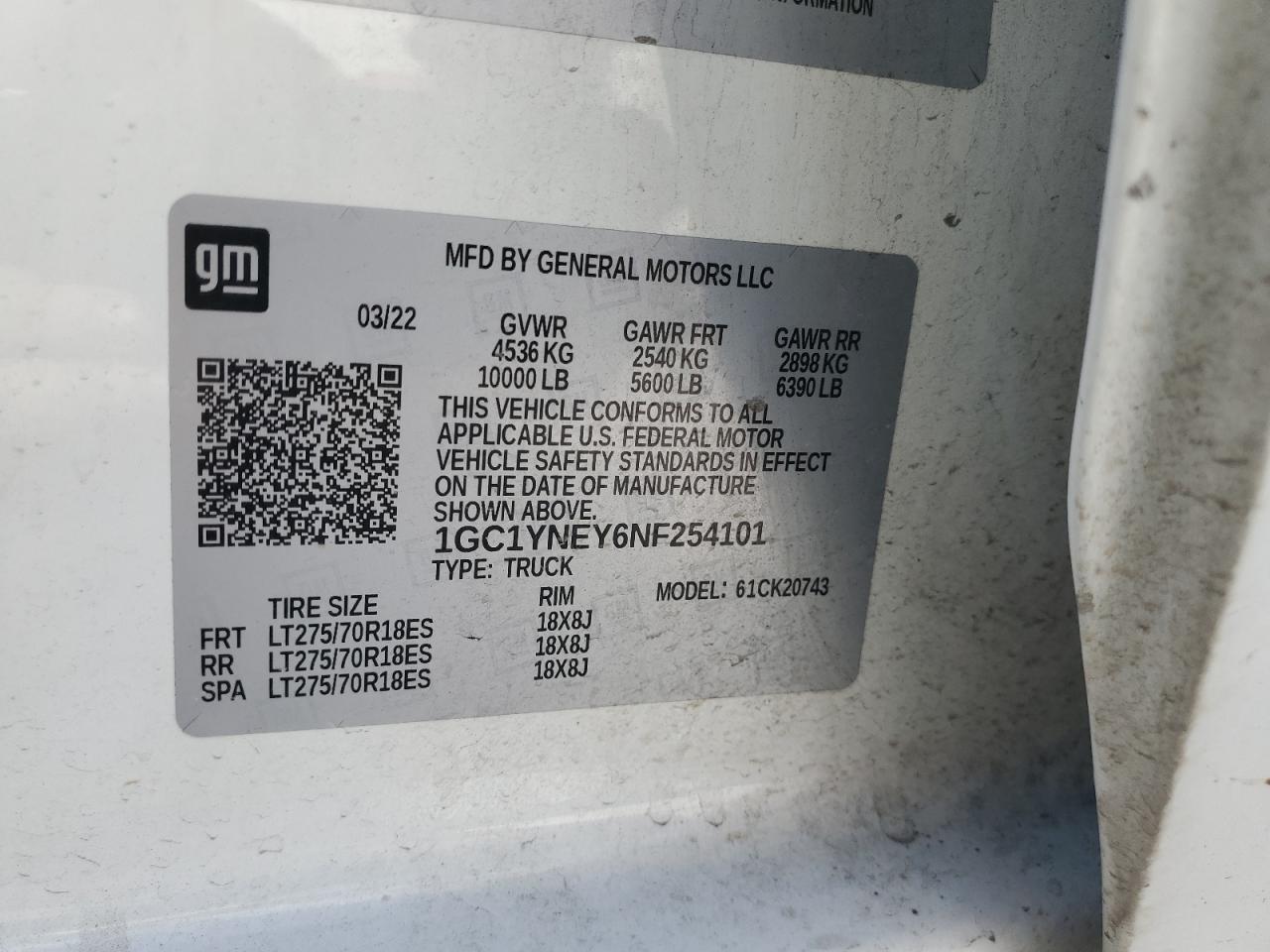 2022 CHEVROLET SILVERADO K2500 HEAVY DUTY LT VIN:1GC1YNEY6NF254101