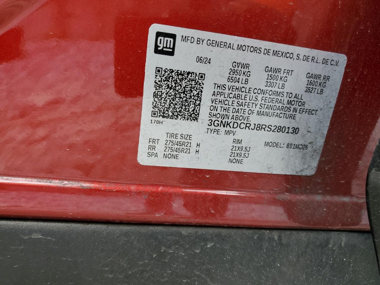 2024 CHEVROLET BLAZER RS VIN:3GNKDCRJ8RS280130