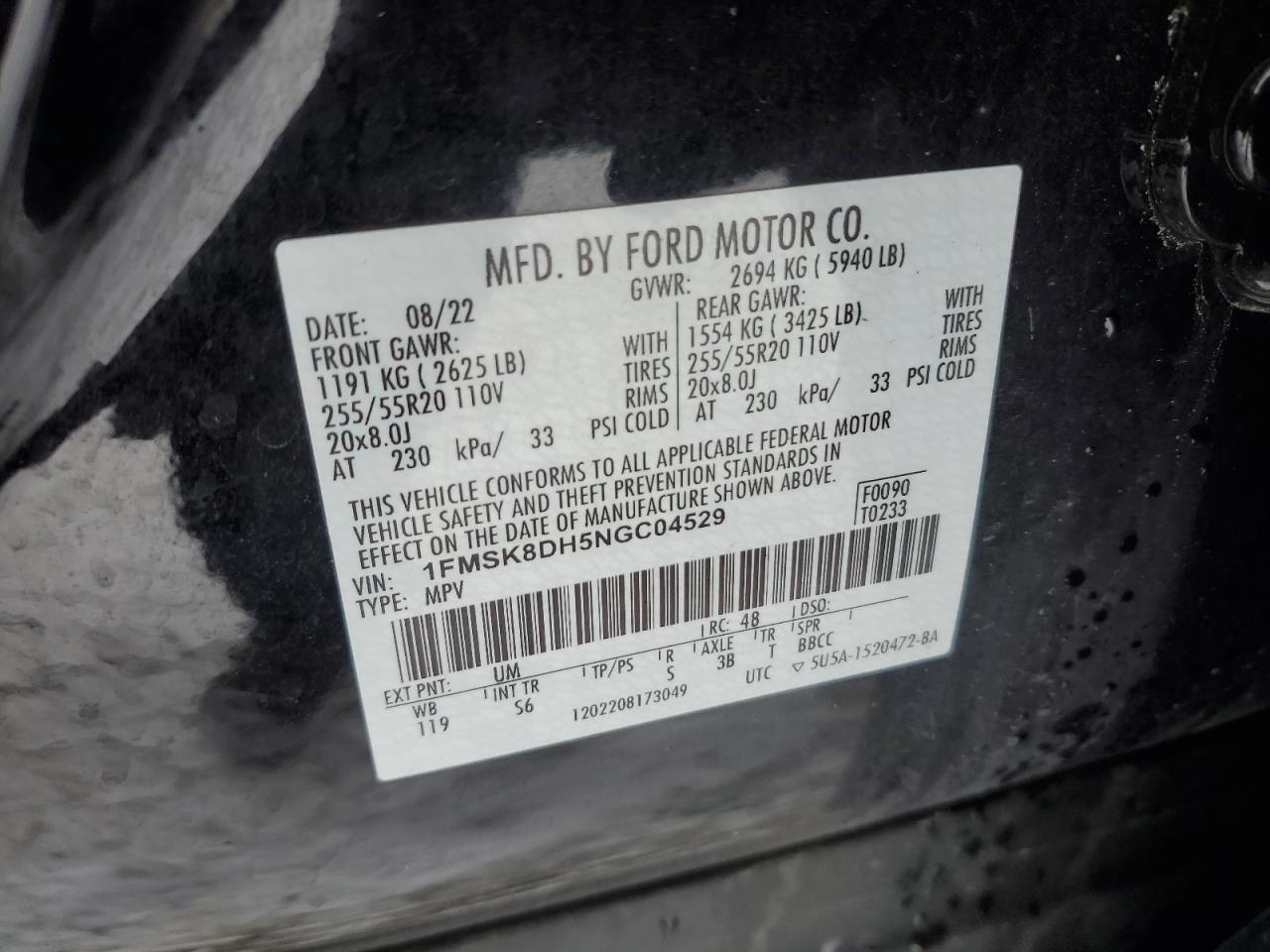 2022 FORD EXPLORER XLT VIN:1FMSK8DH5NGC04529