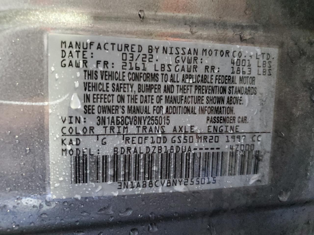 2022 NISSAN SENTRA SV VIN:3N1AB8CV8NY255015