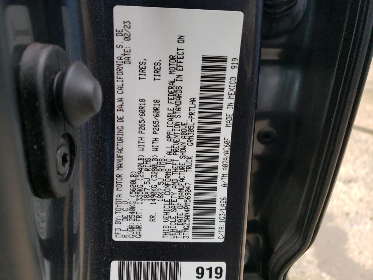 2023 TOYOTA TACOMA DOUBLE CAB VIN:3TMGZ5AN4PM569047