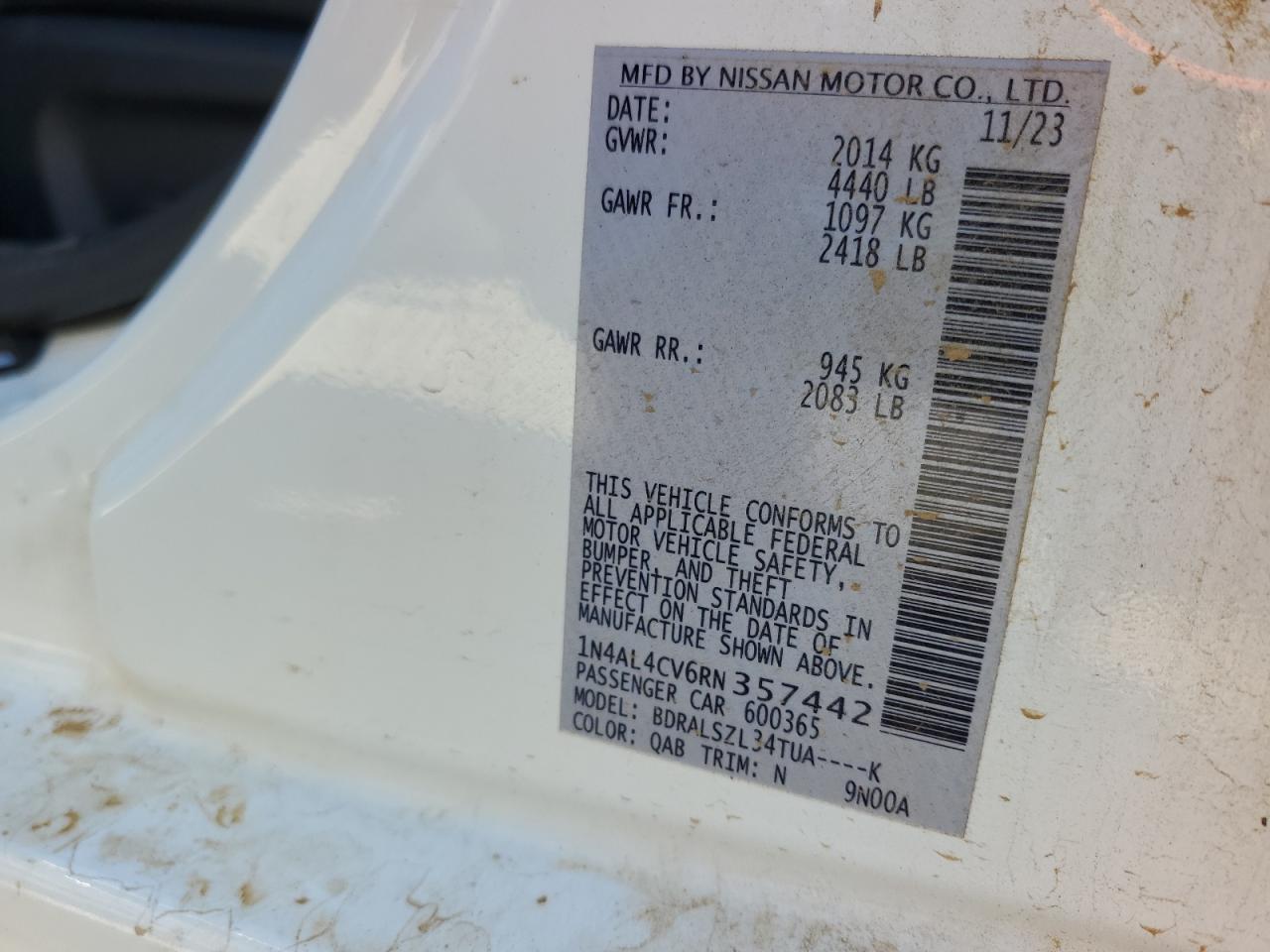2024 NISSAN ALTIMA SR VIN:2HGFB2F86FH506743