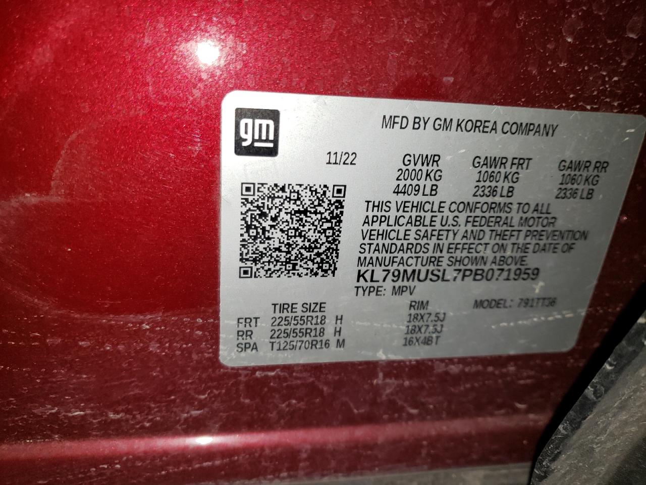 2023 CHEVROLET TRAILBLAZER RS VIN:KL79MUSL7PB071959