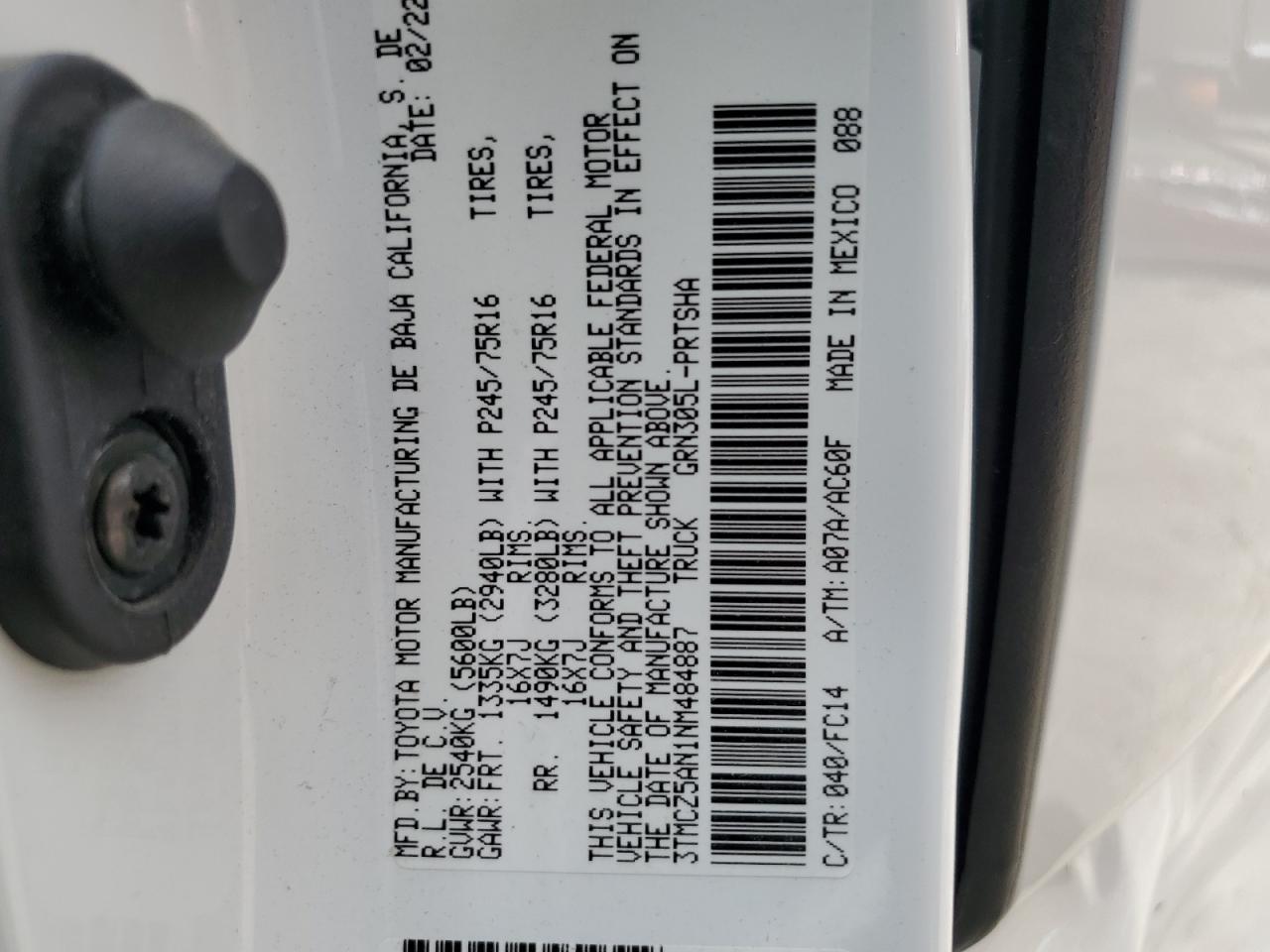 2022 TOYOTA TACOMA DOUBLE CAB VIN:3TMCZ5AN1NM484887