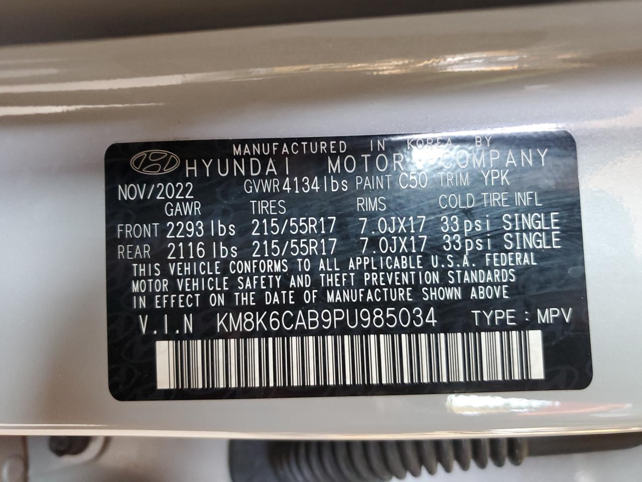 2023 HYUNDAI KONA SEL VIN:KM8K6CAB9PU985034
