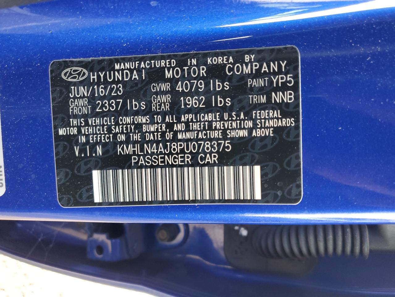 2023 HYUNDAI ELANTRA LIMITED VIN:KMHLN4AJ8PU078375