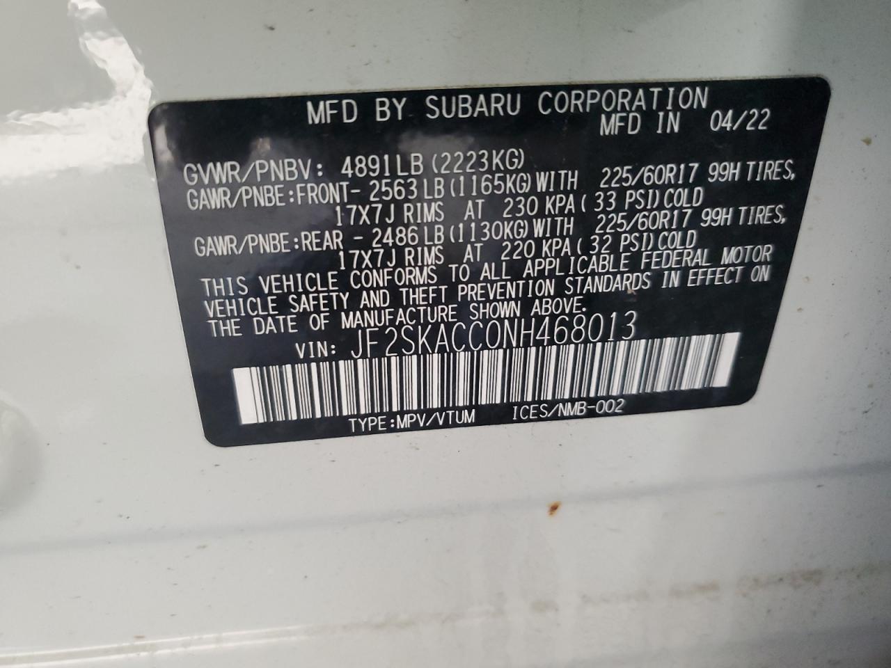 2022 SUBARU FORESTER  VIN:JF2SKACC0NH468013