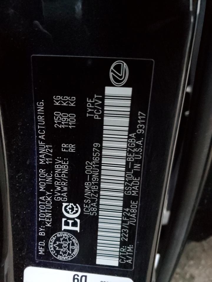2022 LEXUS ES 350 F SPORT VIN:58AJZ1B19NU116579