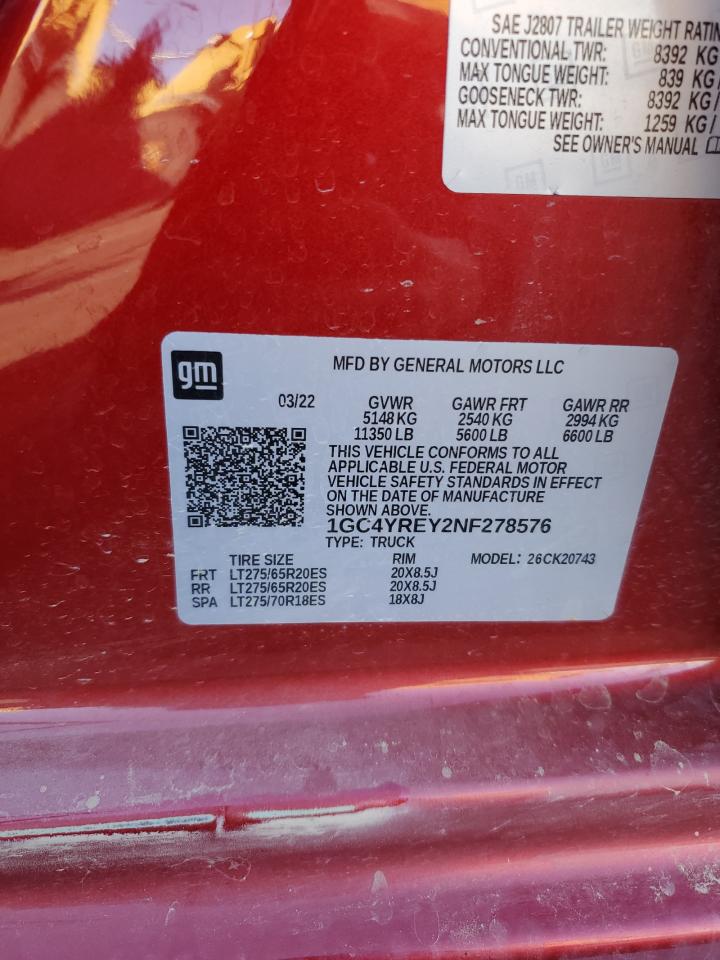 2022 CHEVROLET SILVERADO K2500 HIGH COUNTRY VIN:1GC4YREY2NF278576