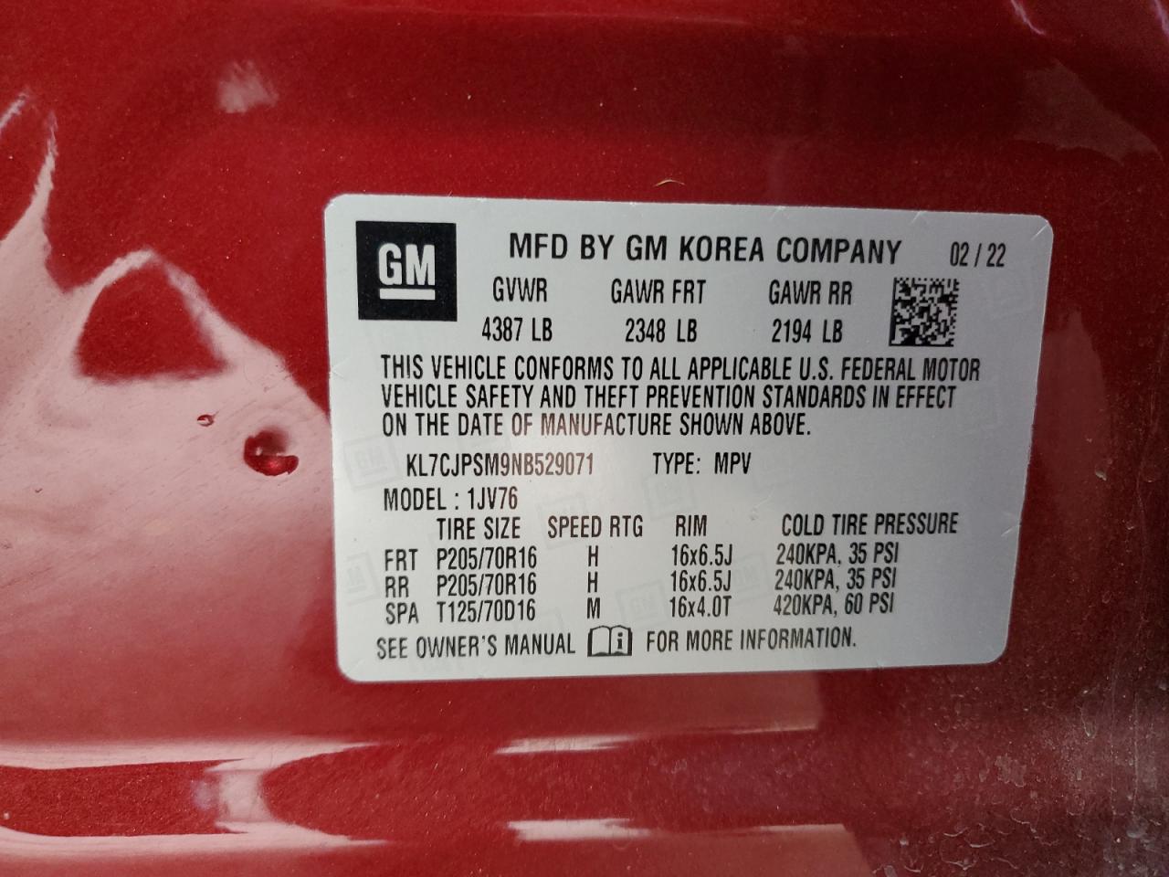 2022 CHEVROLET TRAX 1LT VIN:KL7CJPSM9NB529071