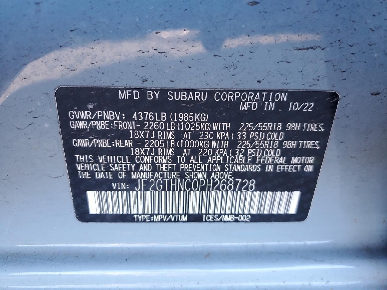 2023 SUBARU CROSSTREK LIMITED VIN:JF2GTHNC0PH268728