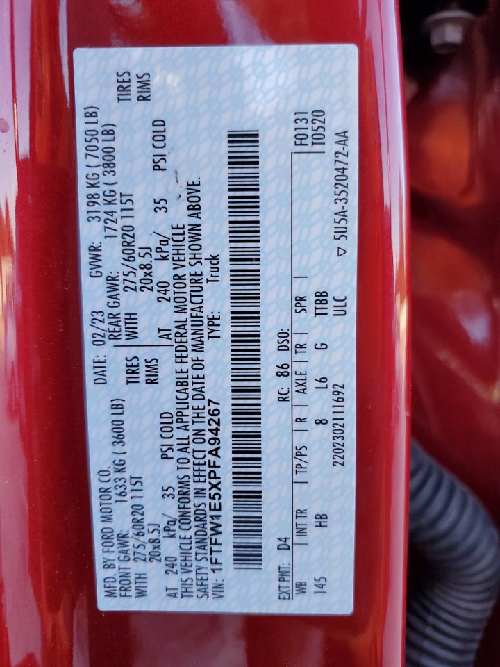 2023 FORD F150 SUPERCREW VIN:1FTFW1E5XPFA94267