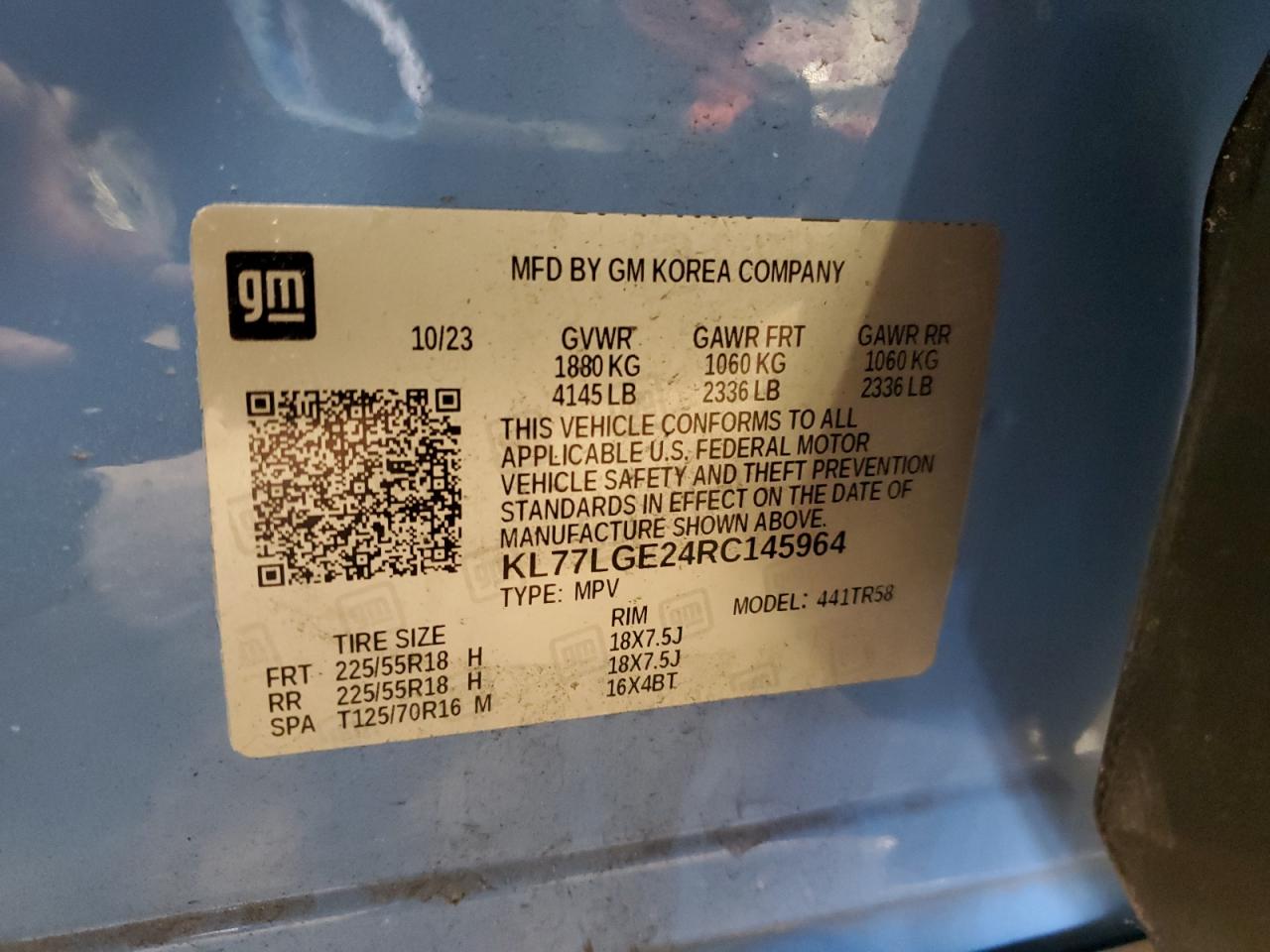 2024 CHEVROLET TRAX 1RS VIN:KL77LGE24RC145964