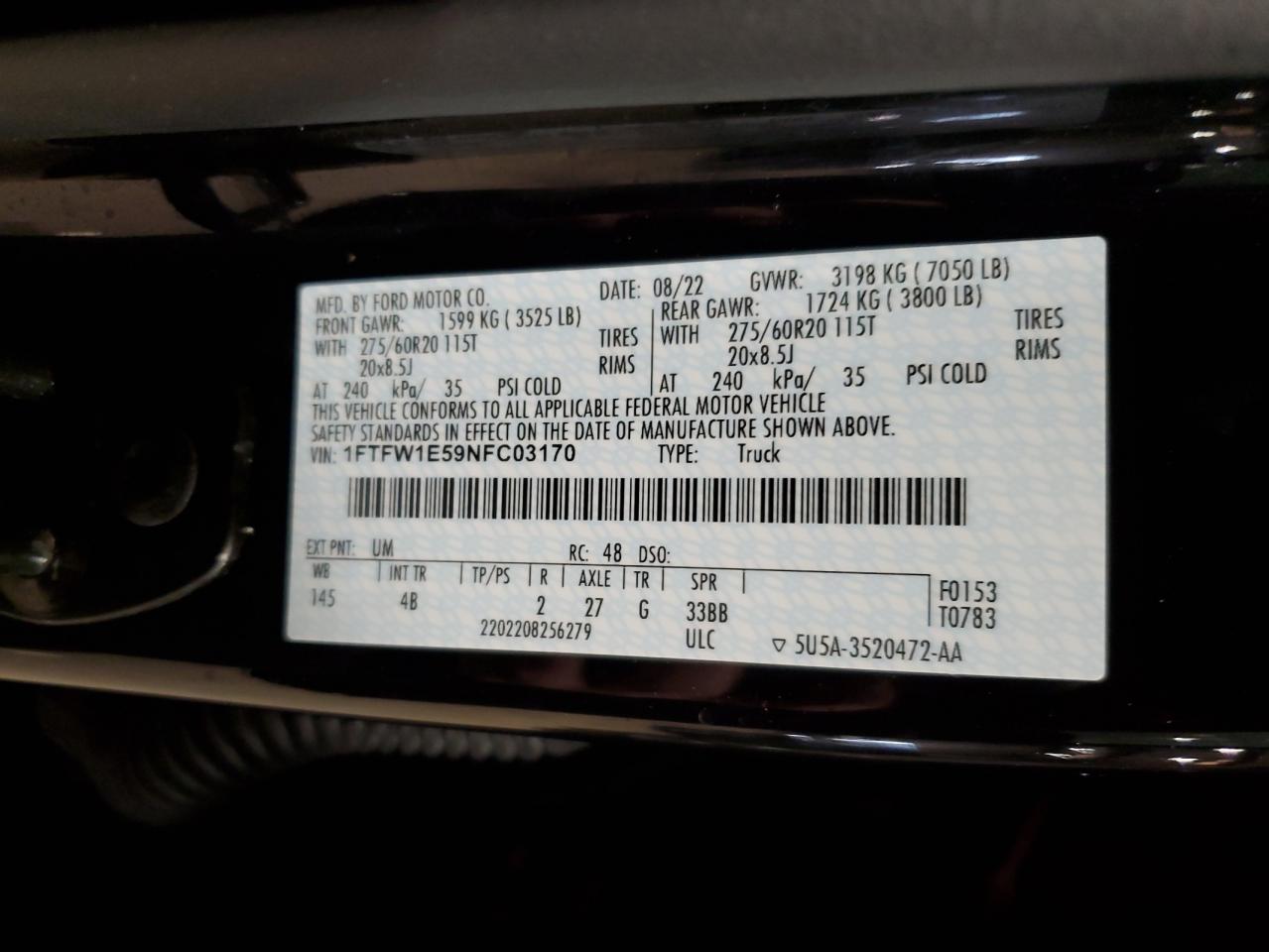 2022 FORD F150 SUPERCREW VIN:1FTFW1E59NFC03170