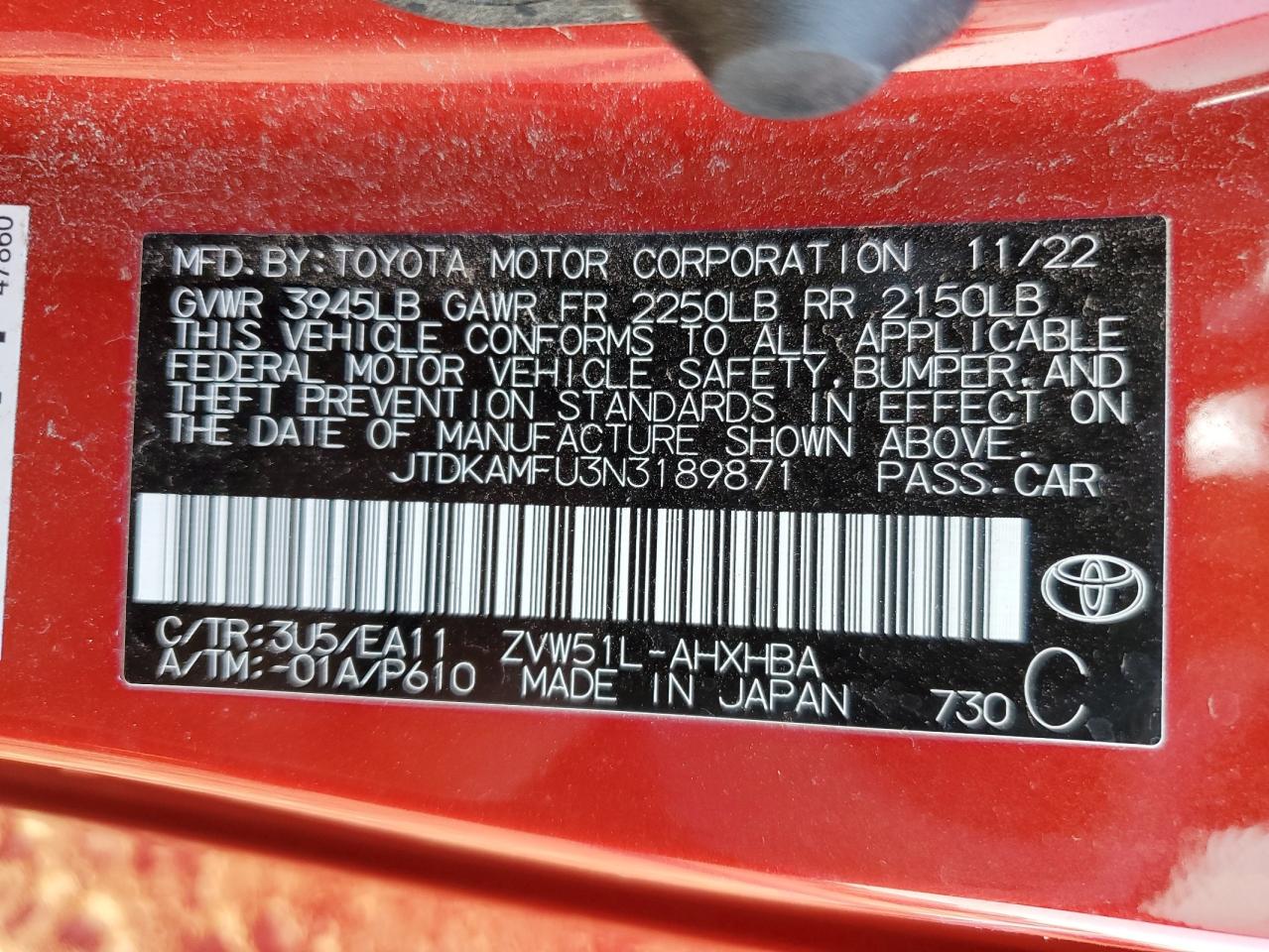 2022 TOYOTA PRIUS NIGHT SHADE VIN:JTDKAMFU3N3189871