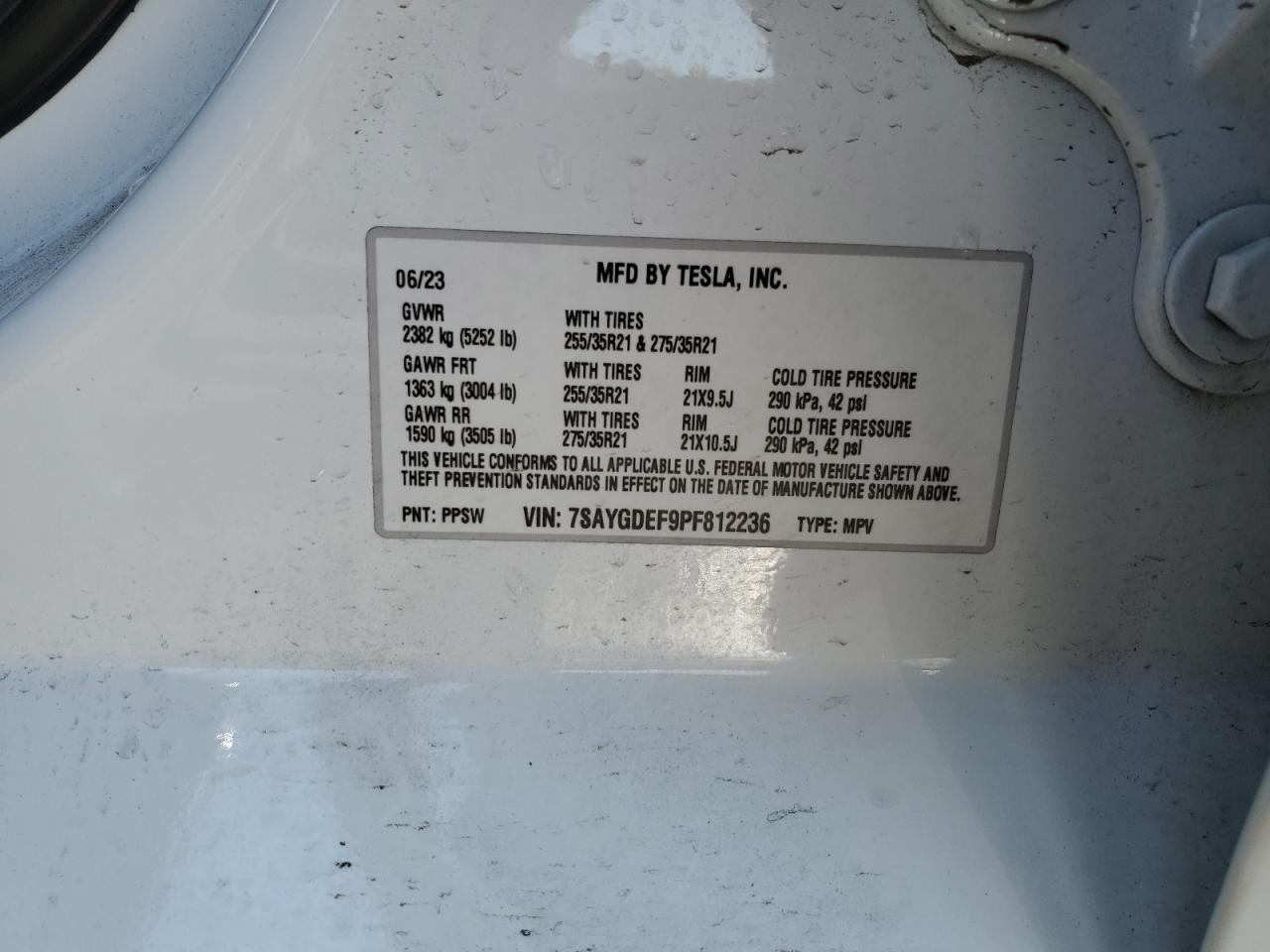 2023 TESLA MODEL Y  VIN:7SAYGDEF9PF812236