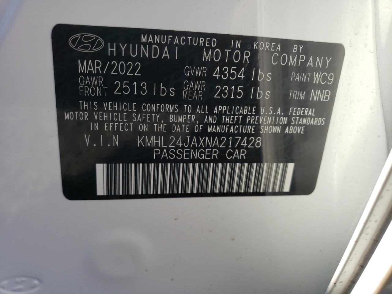 2022 HYUNDAI SONATA SE VIN:KMHL24JAXNA217428