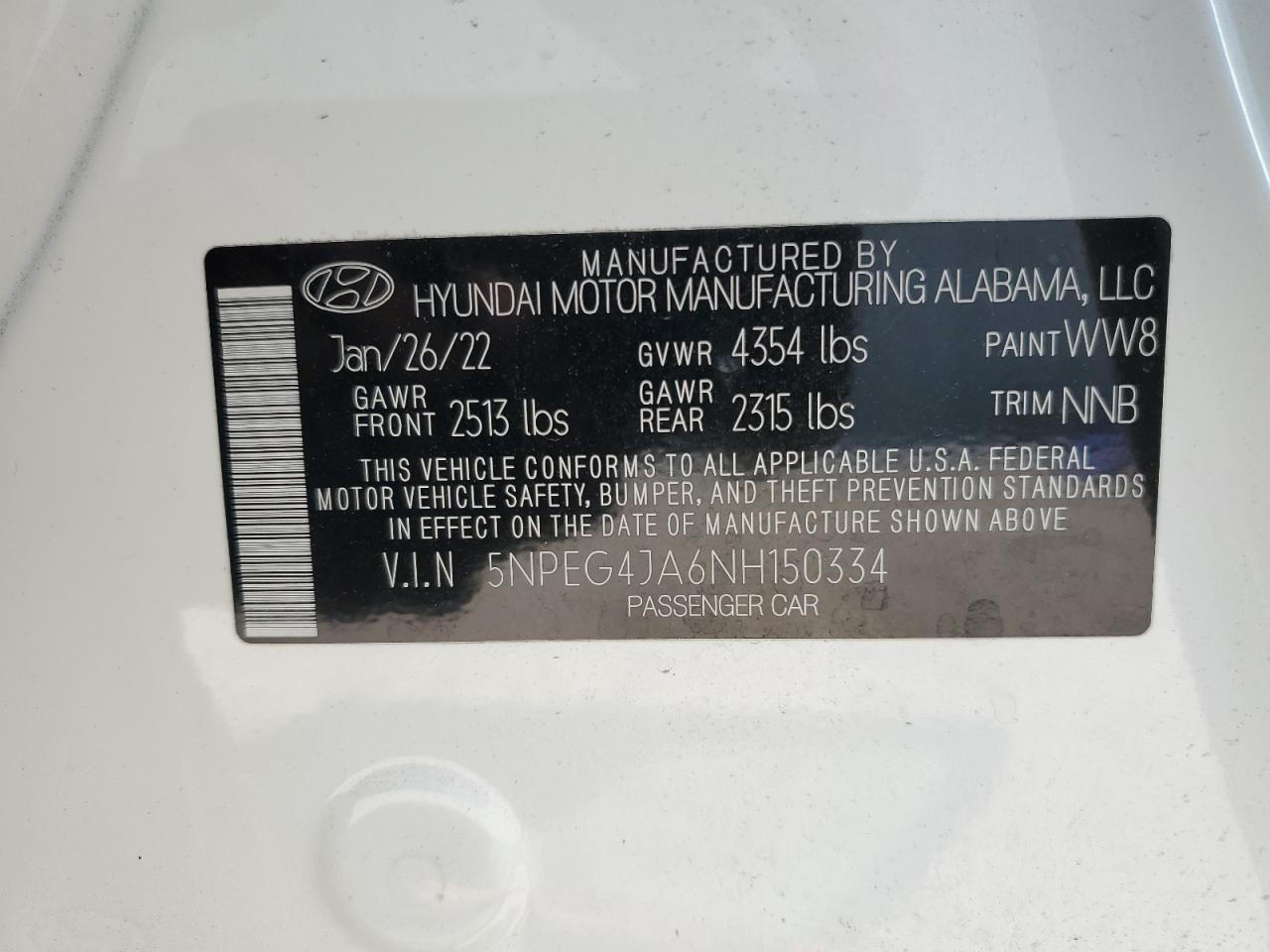 2022 HYUNDAI SONATA SE VIN:5NPEG4JA6NH150334