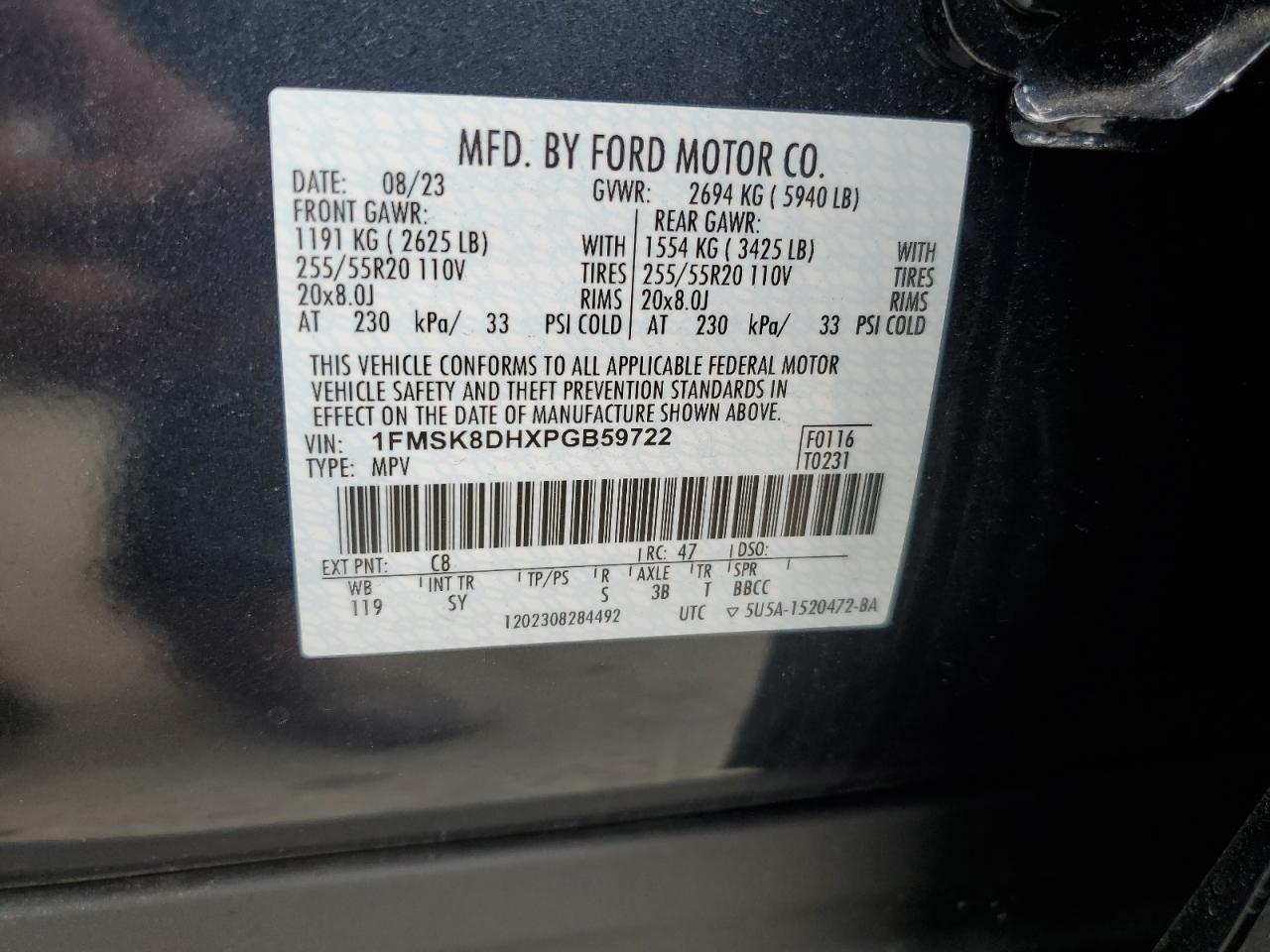 2023 FORD EXPLORER XLT VIN:1FMSK8DHXPGB59722