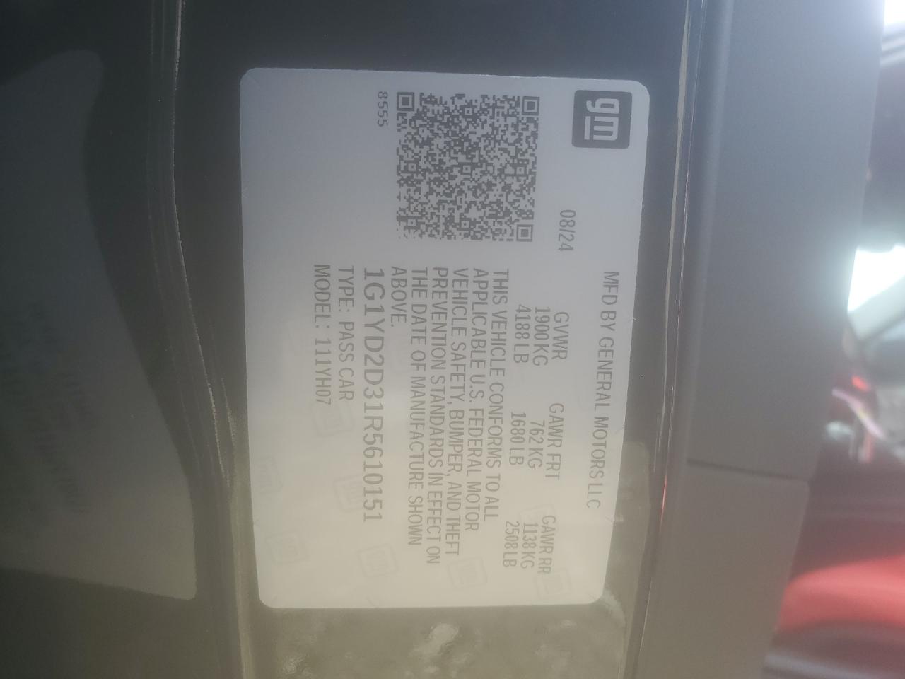 2024 CHEVROLET CORVETTE Z06 1LZ VIN:1G1YD2D31R5610151