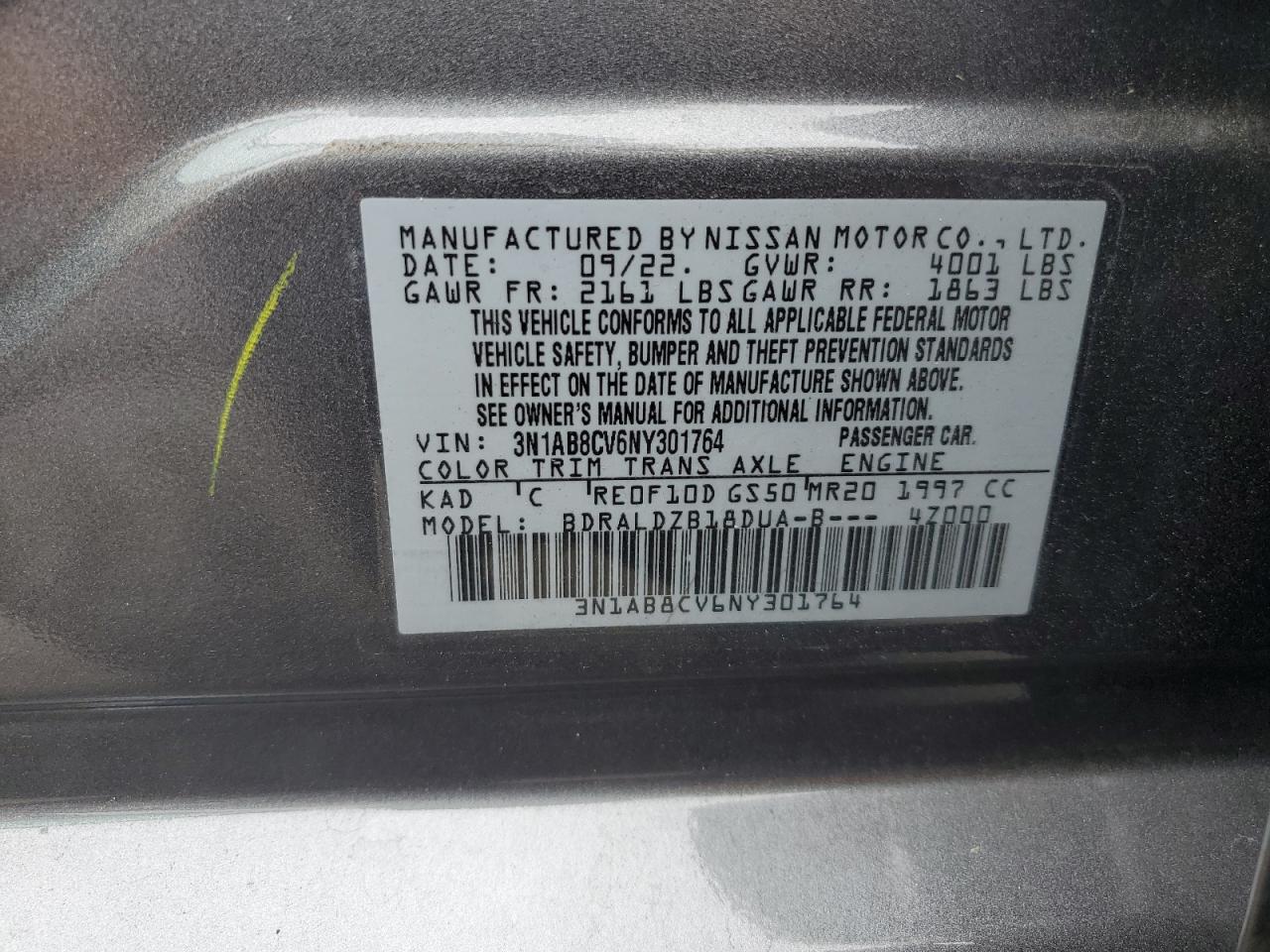 2022 NISSAN SENTRA SV VIN:3N1AB8CV6NY301764