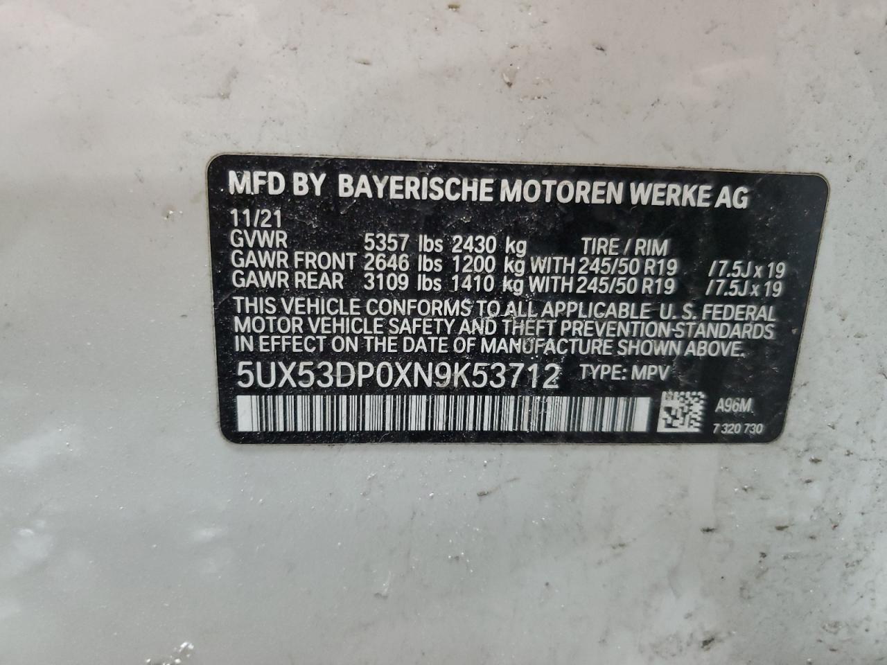 2022 BMW X3 XDRIVE30I VIN:5UX53DP0XN9K53712