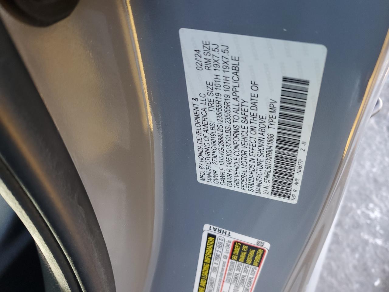 2024 HONDA ODYSSEY SPORT VIN:5FNRL6H7XRB041866