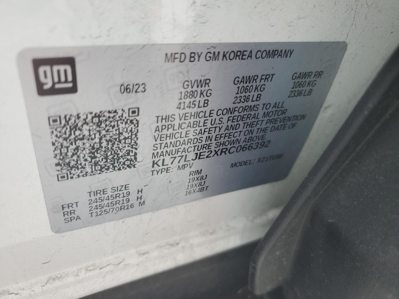 2024 CHEVROLET TRAX 2RS VIN:KL77LJE2XRC066392