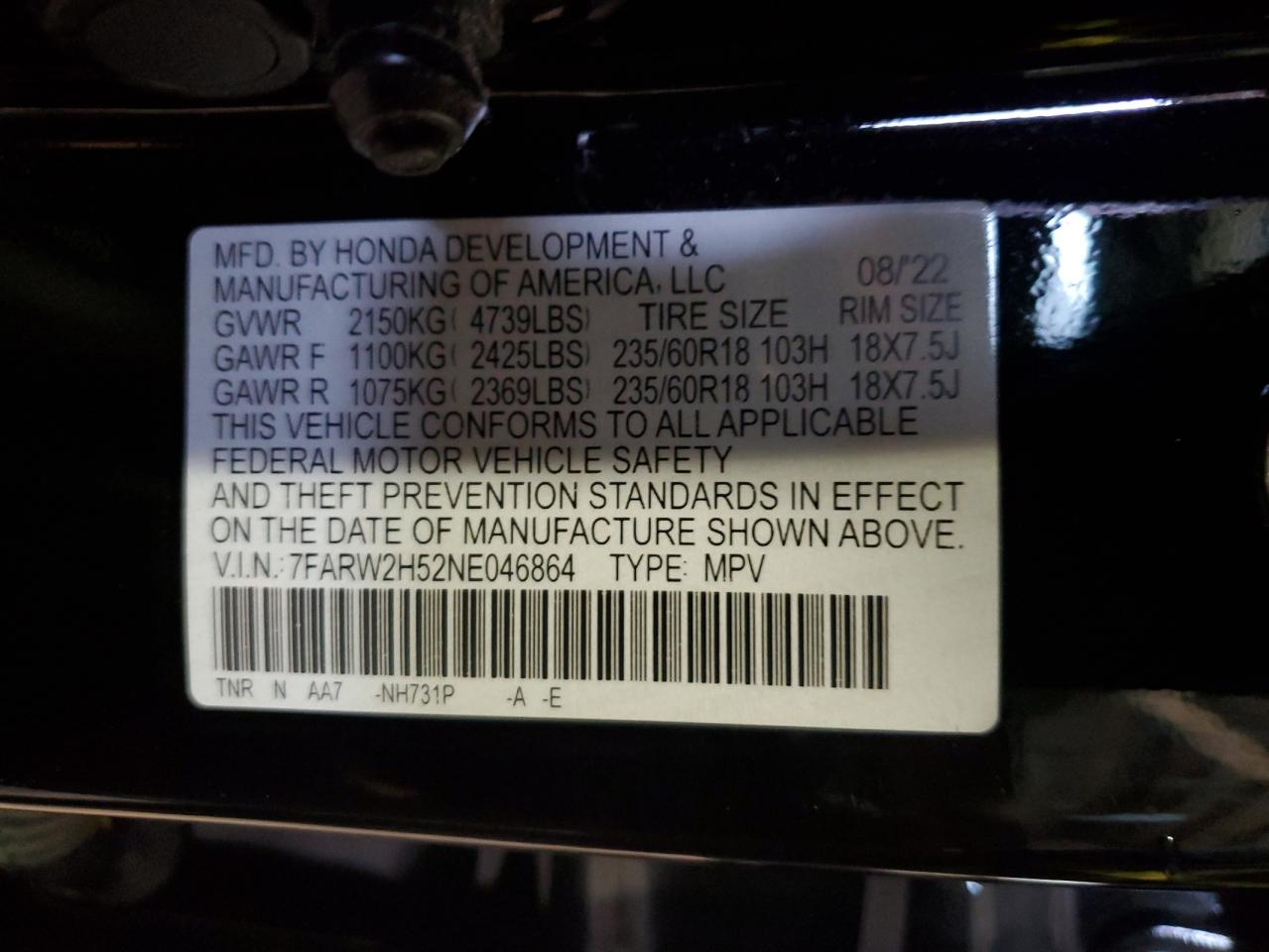 2022 HONDA CR-V EX VIN:7FARW2H52NE046864