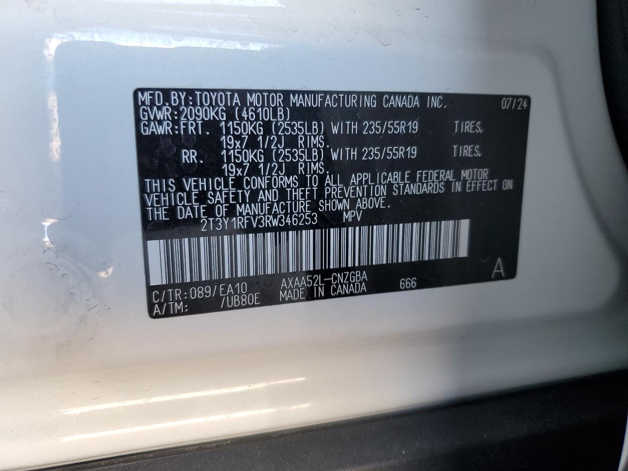 2024 TOYOTA RAV4 LIMITED VIN:2T3Y1RFV3RW346253