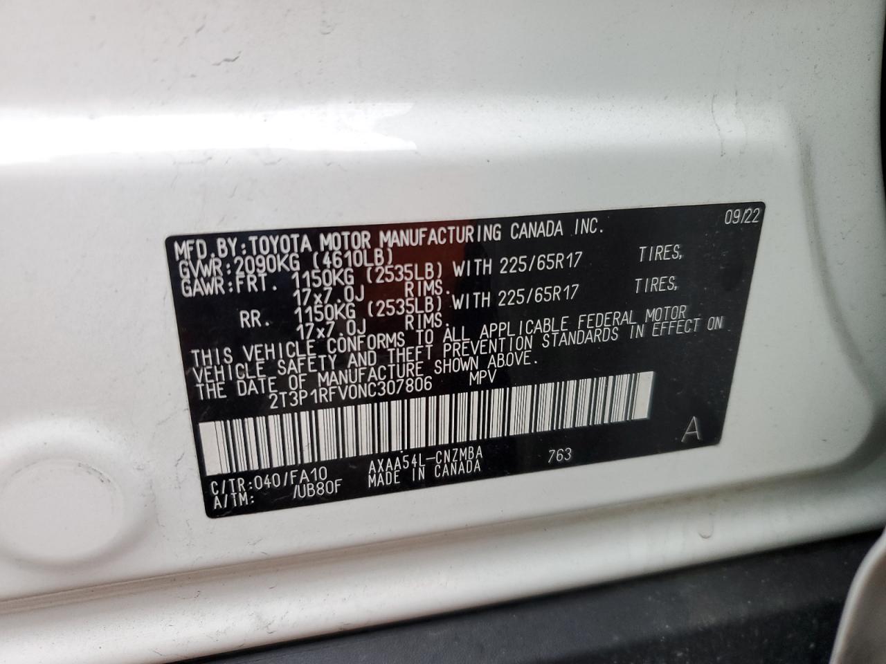 2022 TOYOTA RAV4 XLE VIN:2T3P1RFV0NC307806