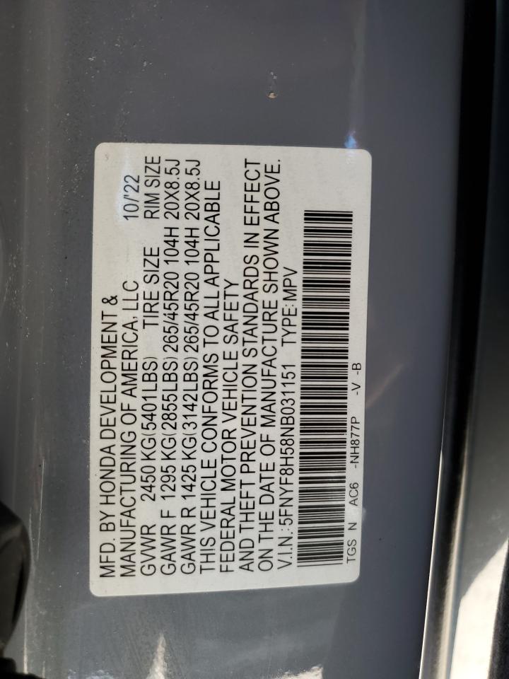 2022 HONDA PASSPORT EXL VIN:5FNYF8H58NB031151