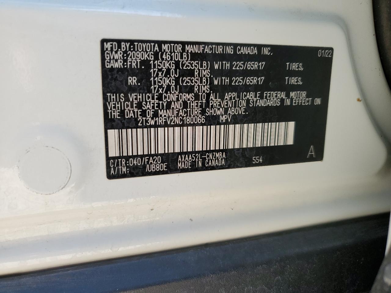 2022 TOYOTA RAV4 XLE VIN:2T3W1RFV2NC180066