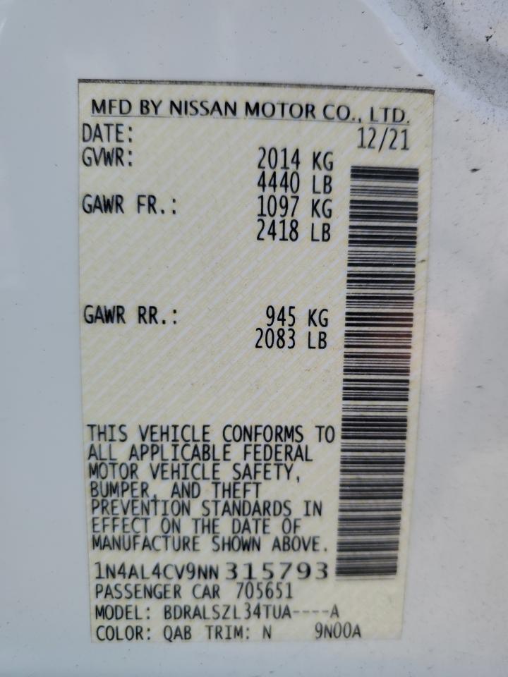 2022 NISSAN ALTIMA SR VIN:1N4AL4CV9NN315793