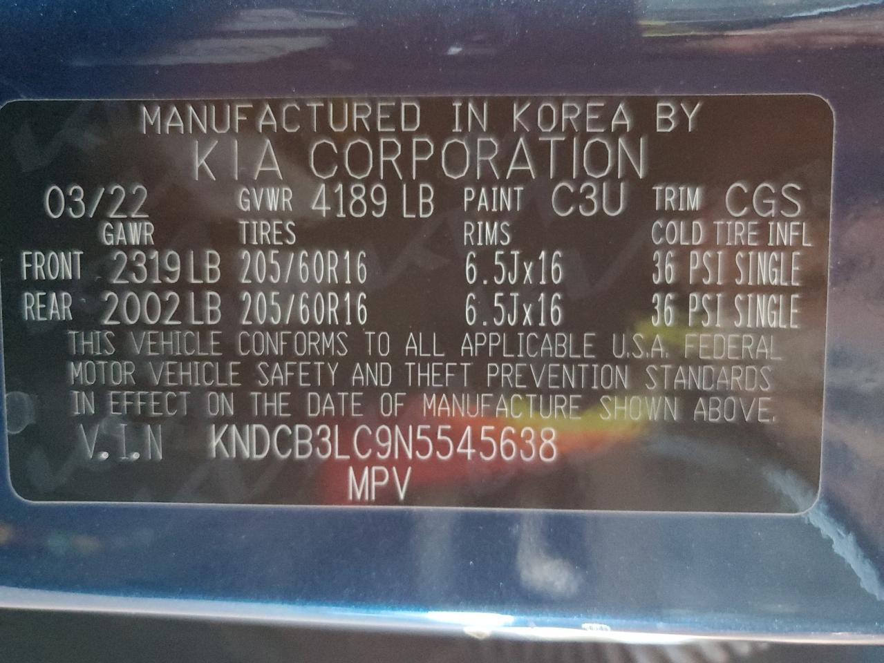 2022 KIA NIRO LX VIN:KNDCB3LC9N5545638