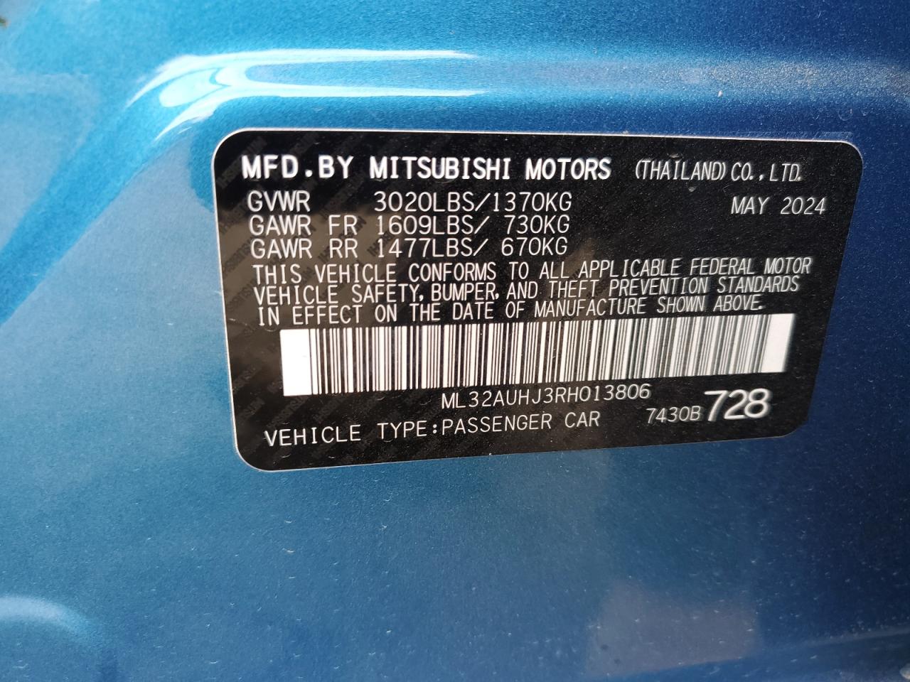 2024 MITSUBISHI MIRAGE ES VIN:ML32AUHJ3RH013806