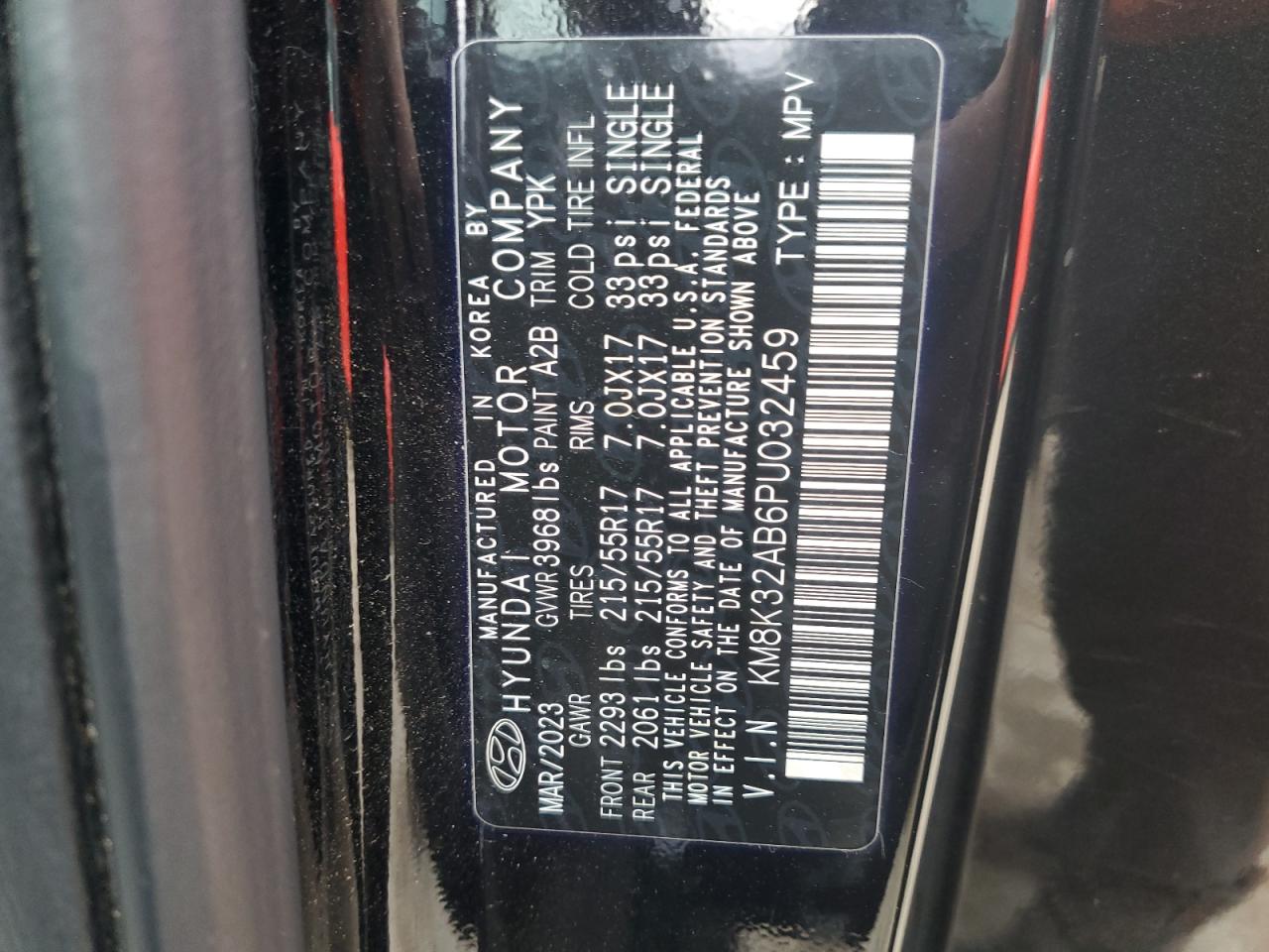 2023 HYUNDAI KONA SEL VIN:KM8K32AB6PU032459