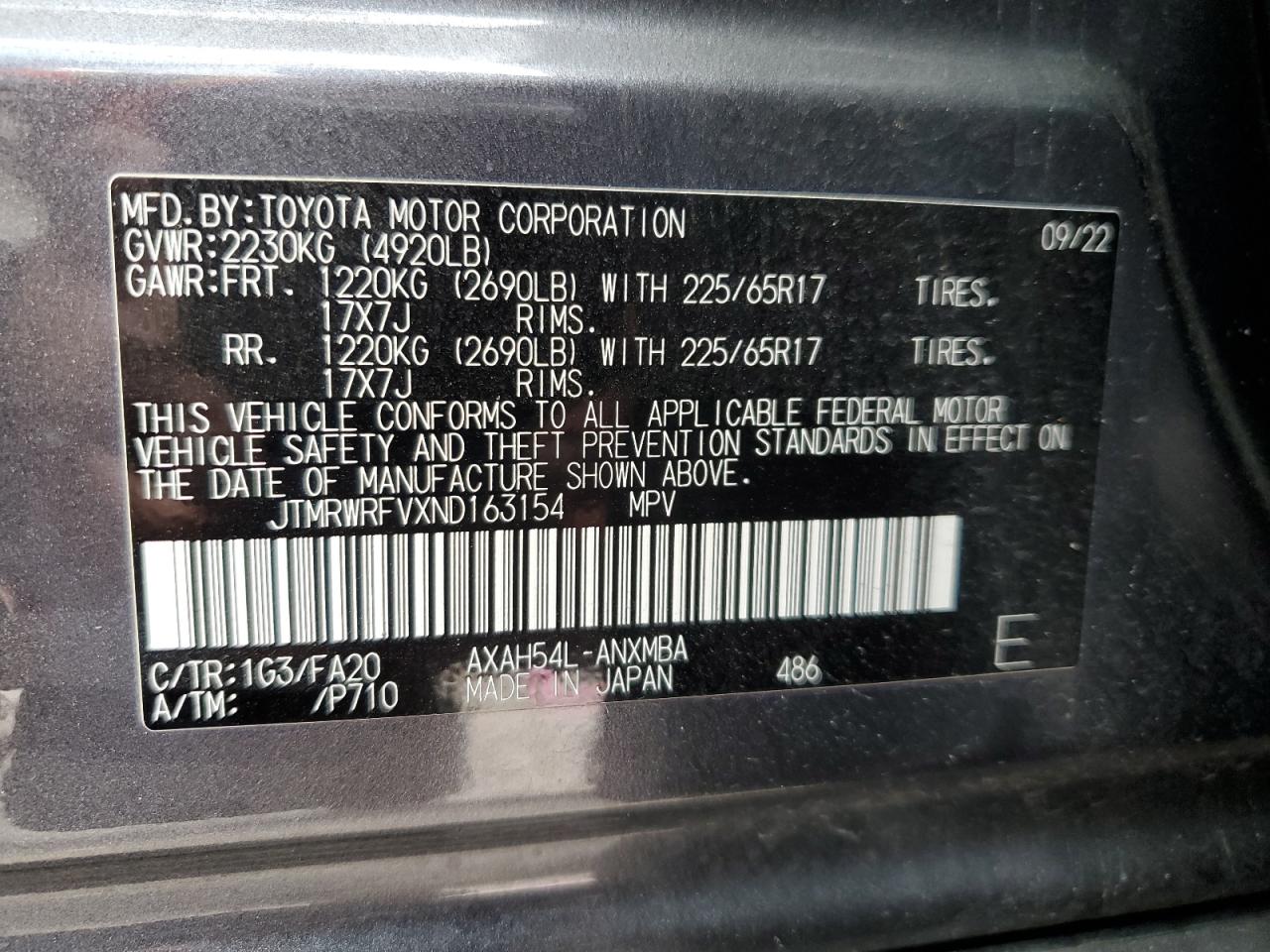 2022 TOYOTA RAV4 XLE VIN:JTMRWRFVXND163154