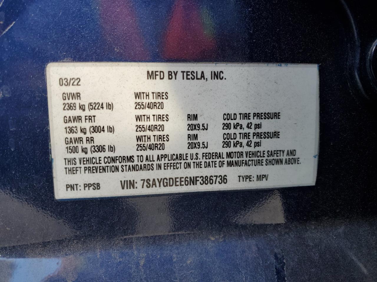 2022 TESLA MODEL Y  VIN:7SAYGDEE6NF386736
