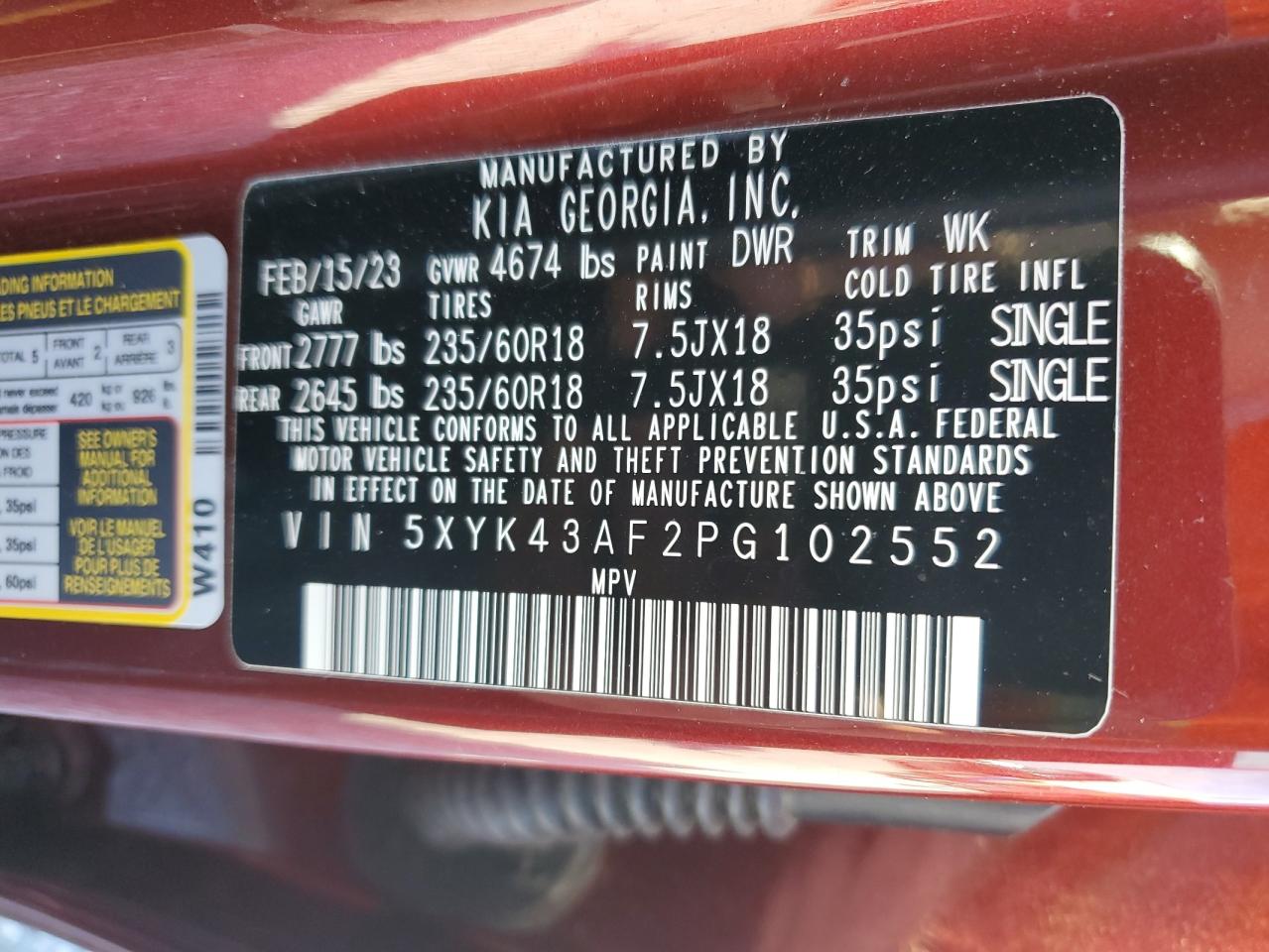 2023 KIA SPORTAGE SX VIN:5XYK43AF2PG102552