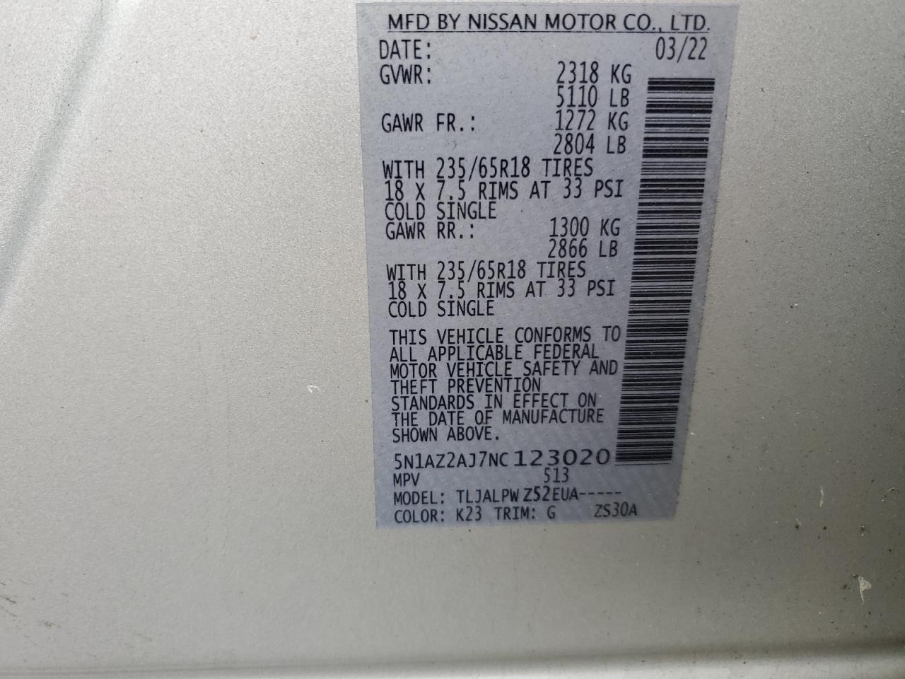 2022 NISSAN MURANO S VIN:5N1AZ2AJ7NC123020
