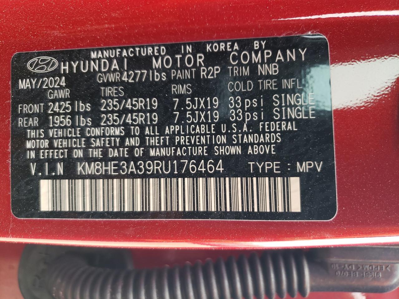 2024 HYUNDAI KONA LIMITED VIN:KM8HE3A39RU176464