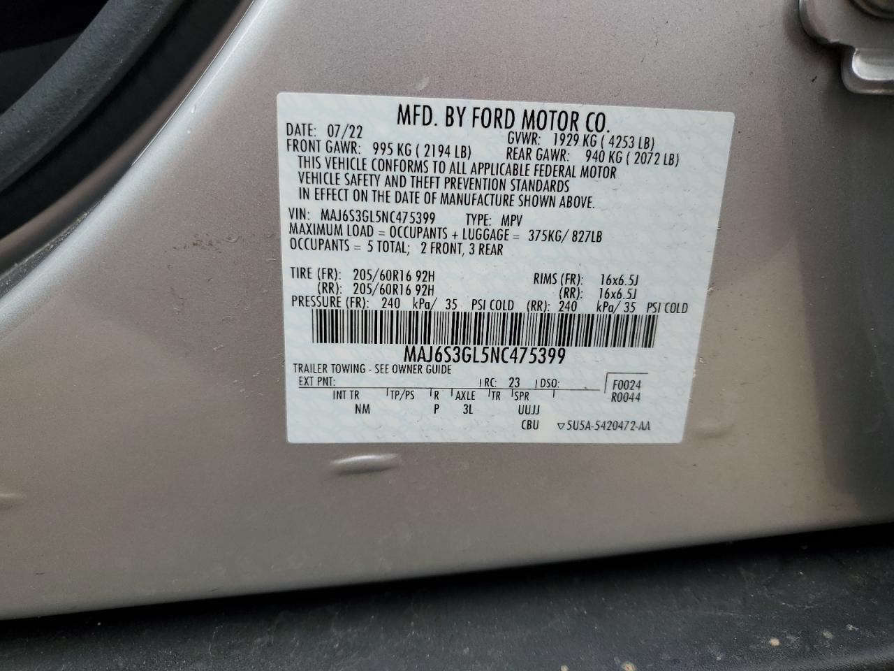 2022 FORD ECOSPORT SE VIN:MAJ6S3GL5NC475399