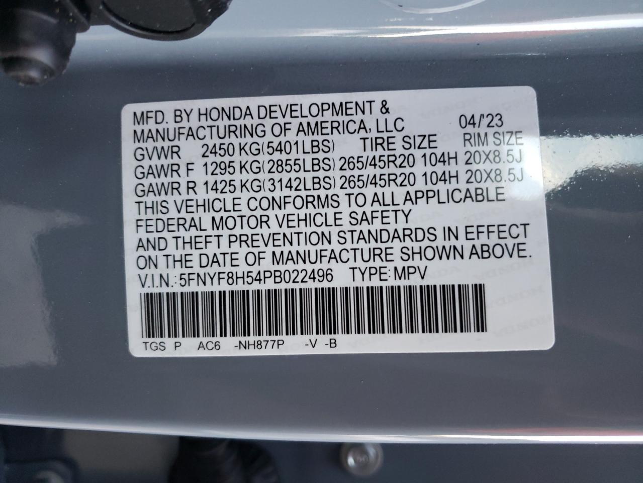 2023 HONDA PASSPORT EXL VIN:5FNYF8H54PB022496