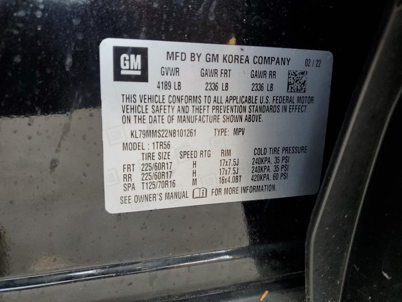 2022 CHEVROLET TRAILBLAZER LS VIN:KL79MMS22NB101261