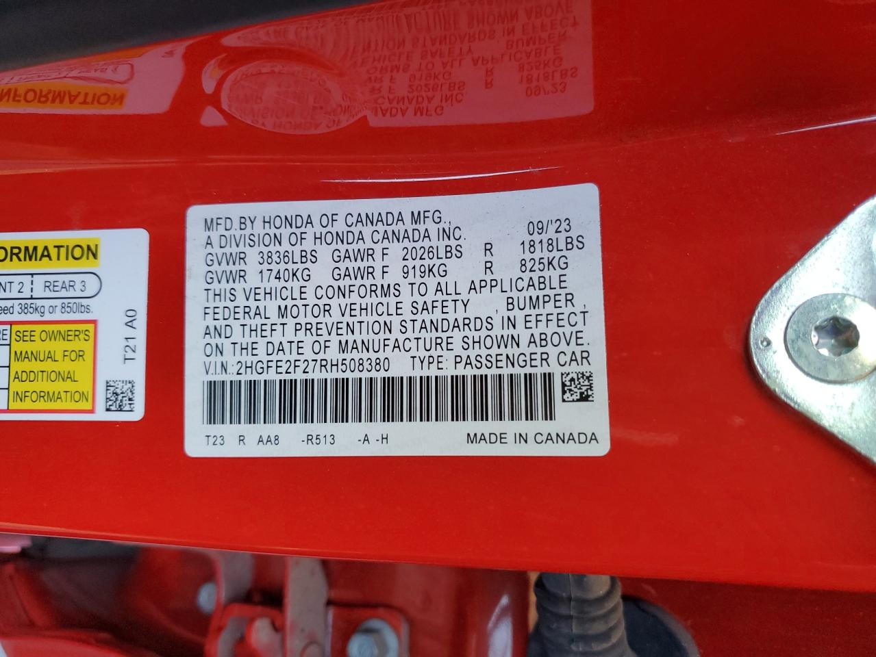 2024 HONDA CIVIC LX VIN:2HGFE2F27RH508380