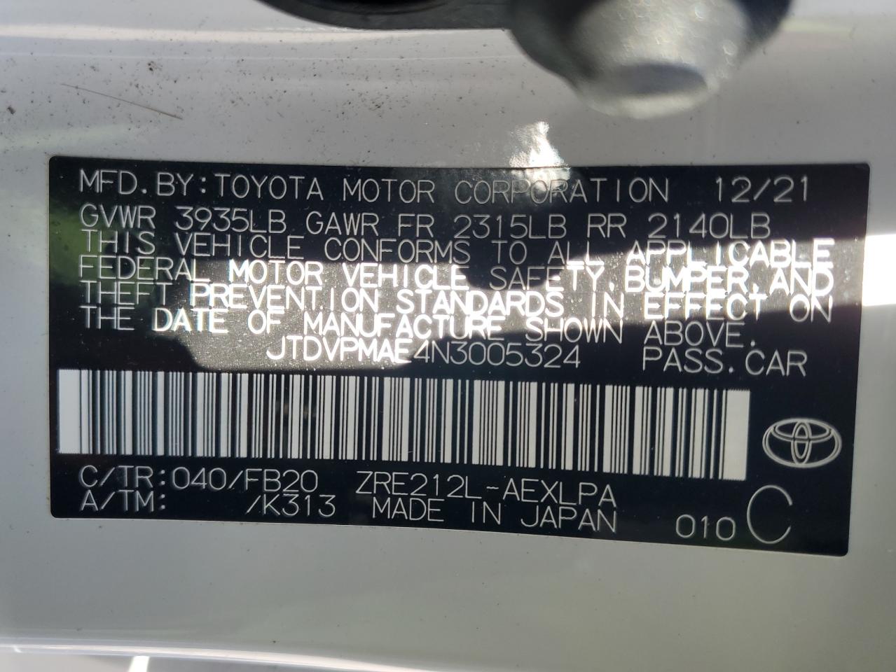 2022 TOYOTA COROLLA LE VIN:JTDVPMAE4N3005324